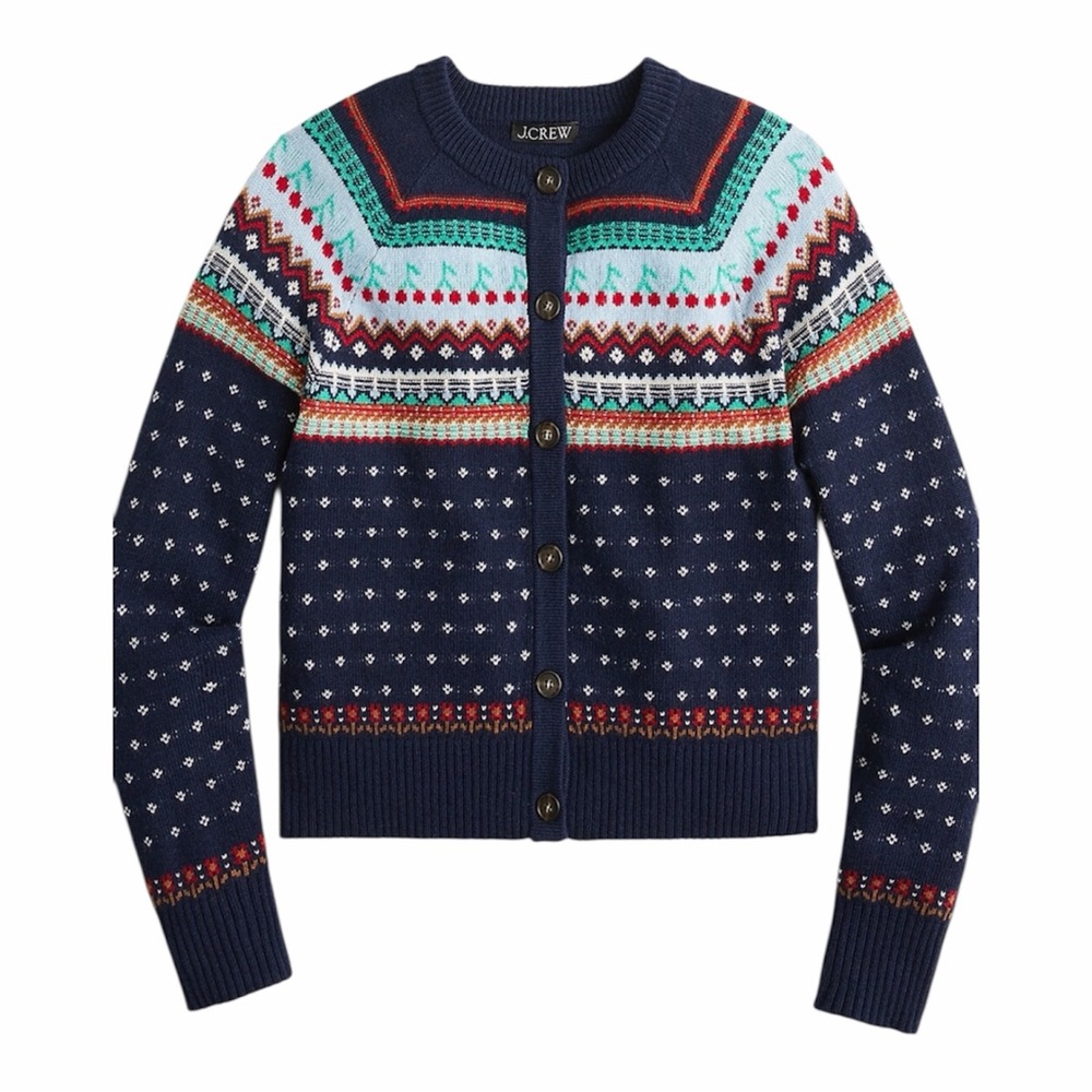 J. Crew Navy Blue Cherry Fair Isle Cardigan Sweater Small
